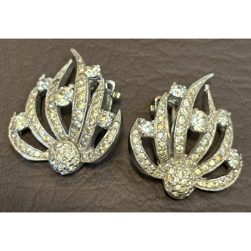 Panetta Signed Vintage Silver Tone Crystal Rhinestone Clip‎ Earrings